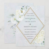 White Floral Dusty Blue Waterverf Wedding Kaart (Voorkant / Achterkant)