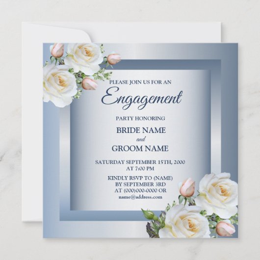 White Floral Elegant Blue Gray Engagement Party Kaart (Voorkant)