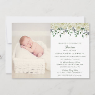 White Floral Élégant Photo Baptême Invitation
