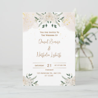 White Floral Elegant Wedding Invitation Kaart
