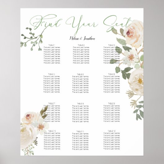 White Floral Elegant Wedding Seating Chart Poster (Voorkant)