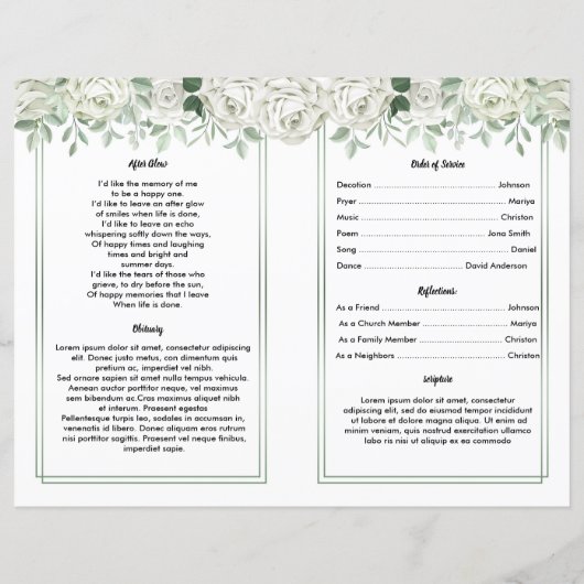 White Floral Funeral Programme Sjabloon (Achterkant)