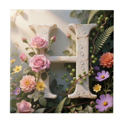 White Floral Garden Monogram Letter H Tegeltje (Voorkant)