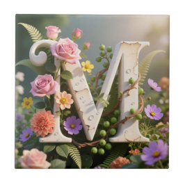 White Floral Garden Monogram Letter M Tegeltje