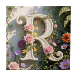 White Floral Garden Monogram Letter R Tegeltje