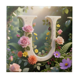White Floral Garden Monogram Letter U Tegeltje