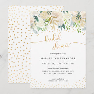 White Floral + Gold Bridal Shower Invitation Kaart