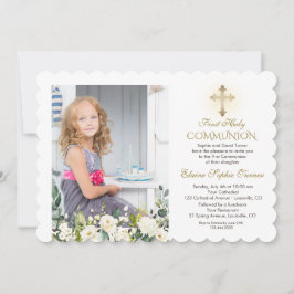 White Floral Gold Cross Foto Heilige Communie Kaart