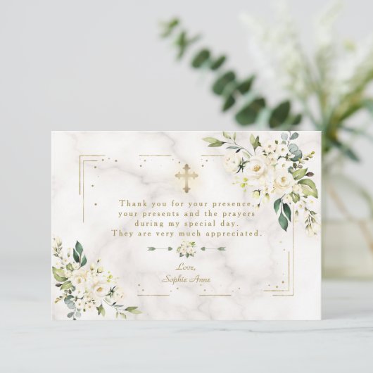 White Floral Gold Glitter Lijst Marble Baptisme Bedankkaart (Staand voorkant)