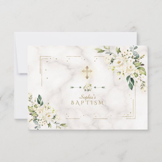 White Floral Gold Glitter Lijst Marble Baptisme Bedankkaart (Achterkant)