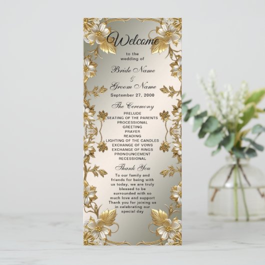White Floral Gold huwelijksprogramma Programma (Staand voorkant)