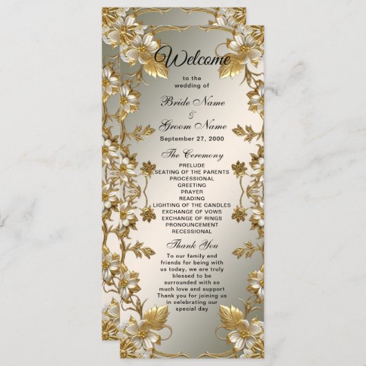 White Floral Gold  huwelijksprogramma Programma (Voorkant / Achterkant)