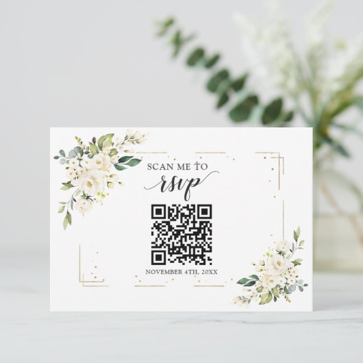 White Floral Gold QR Code Voeg je URL Weddenschap RSVP Kaartje (Staand voorkant)