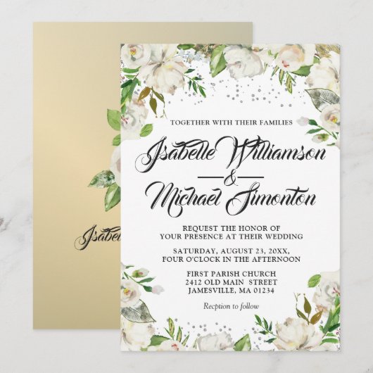 White Floral & Gold Watercolor Invitations de mari (Devant / Derrière)