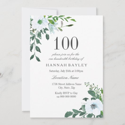 White Floral Greenery 100th Birthday Invitation Kaart (Voorkant)