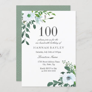 White Floral Greenery 100th Birthday Invitation Kaart