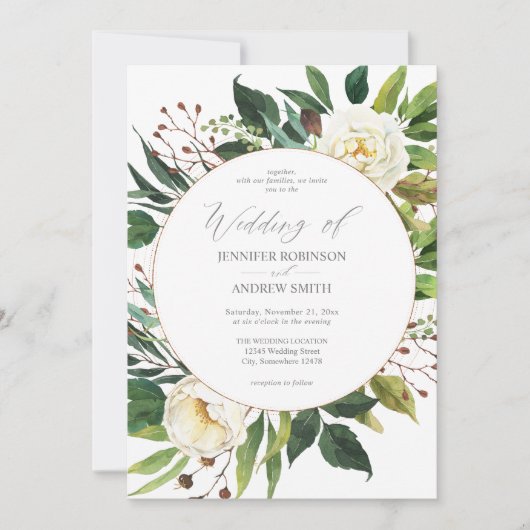 White Floral & Greenery 2 Wedding Invitation Kaart (Voorkant)