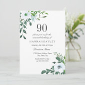 White Floral Greenery 90th Birthday Invitation Kaart (Staand voorkant)