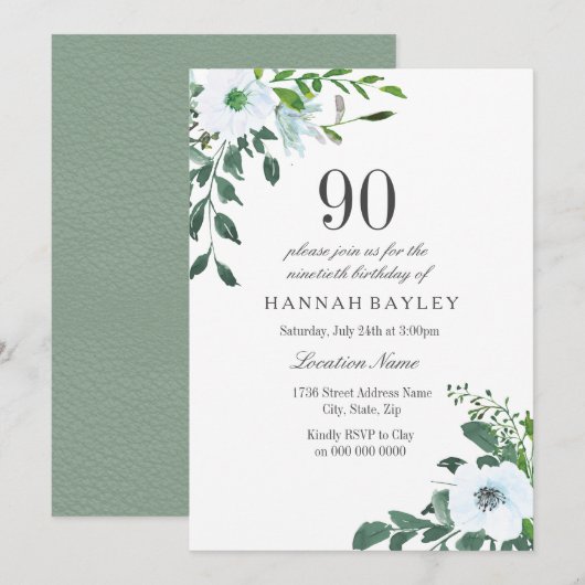 White Floral Greenery 90th Birthday Invitation Kaart (Voorkant / Achterkant)