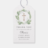 White Floral Greenery Eerste Communie Favoriet Cadeaulabel (Achterkant)