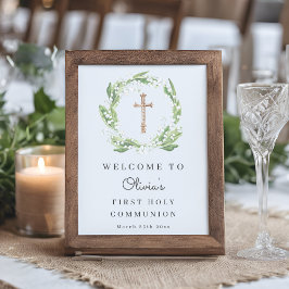 White Floral Greenery Eerste Communie Welkom Poster