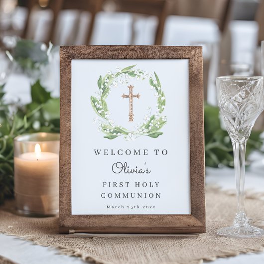 White Floral Greenery Eerste Communie Welkom Poster