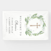 White Floral Greenery Eerste Communie Welkom Spandoek (Horizontaal)