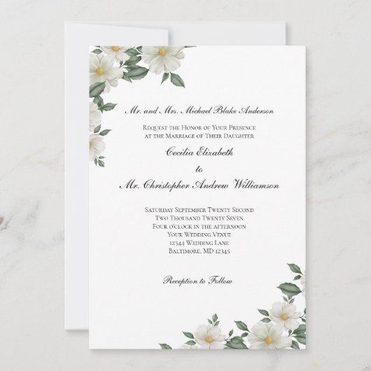 White Floral Greenery Elegant Formal Wedding Kaart (Voorkant)