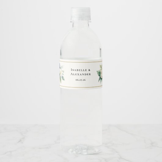 White Floral Greenery Elegant Personalized Wedding Waterfles Etiket (Voorkant)