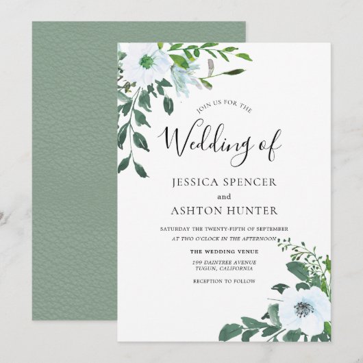 White Floral Greenery Elegant Wedding Invitation Kaart (Voorkant / Achterkant)