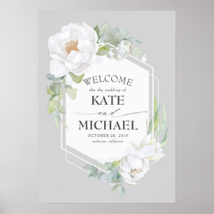 White Floral Greenery Geometric Wedding Welkom Poster
