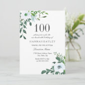 White Floral Greenery Invitation 100e anniversaire (Debout devant)