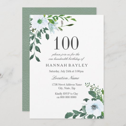 White Floral Greenery Invitation 100e anniversaire (Devant / Derrière)