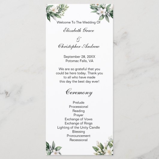 White Floral Greenery Programme de mariage traditi (Devant)