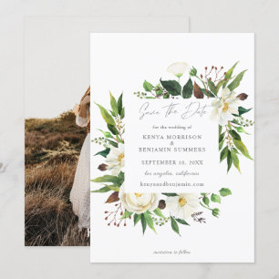 White Floral & Greenery Save the Date Photo Kaart
