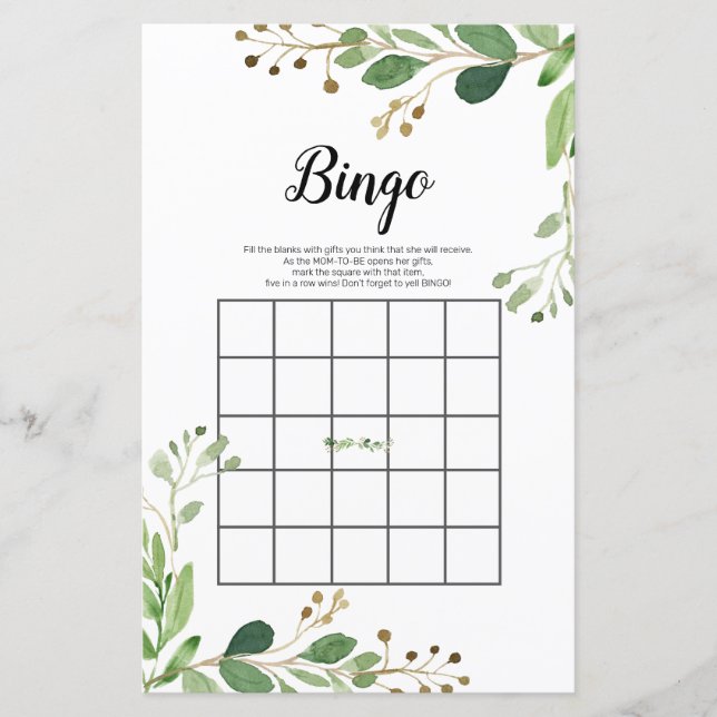 White Floral Greenery Waterverf Bingo Game (Voorkant)