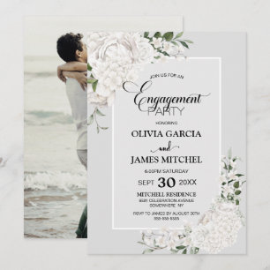 White Floral Grey Custom Photo Engagement Party Kaart