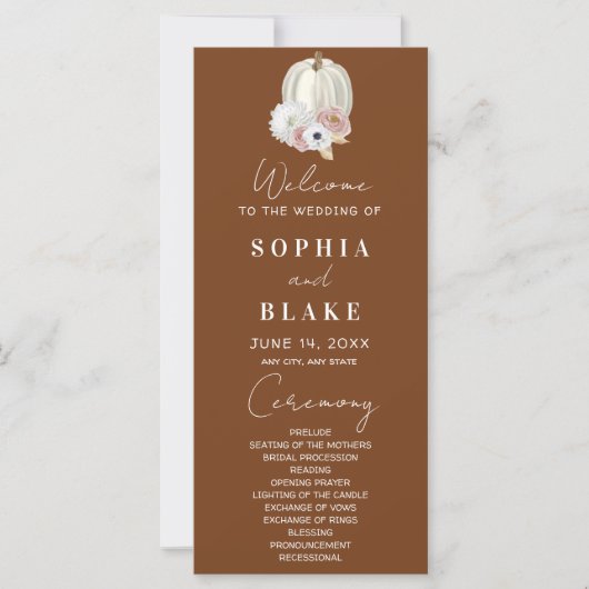White Floral Herfst Pumpkin Brown Wedding Programm (Voorkant)