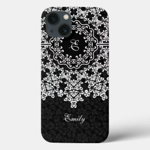 White Floral Lace Black Damasmonogramed iPhone 13 Hoesje