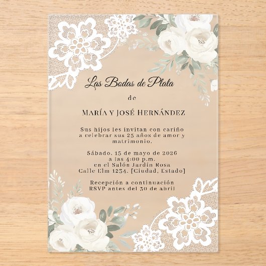 White Floral Lace Invitación Bodas de Plata Acryl Uitnodigingen (Voorkant)