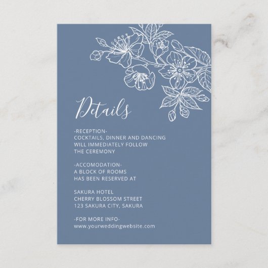 White Floral Line Art Dusty Blue Wedding Informatiekaartje (Voorkant)
