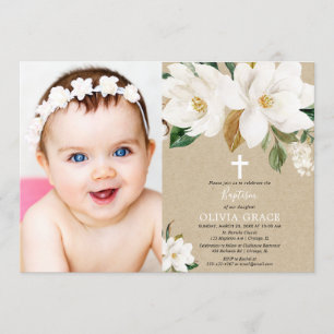 White floral magnolia gender-neutraal baptisme fot kaart