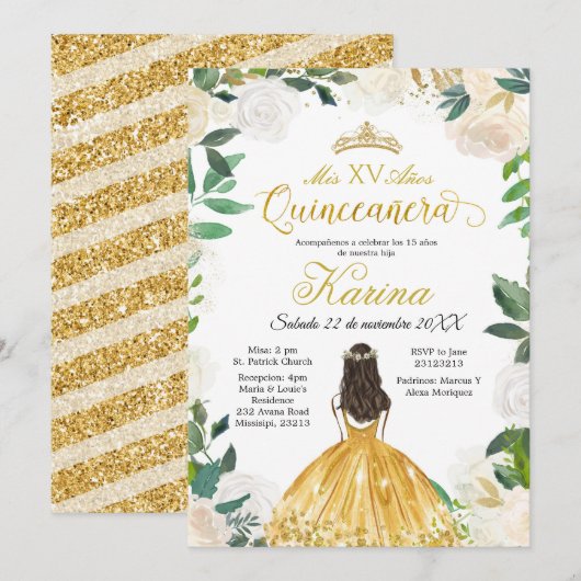 White Floral Mexicain Gold Quinceanera Invitation (Devant / Derrière)