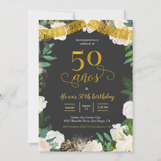 White Floral Mexican 50 añ os Invitation Kaart (Voorkant)