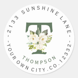 White Floral Monogram Circular Address Label