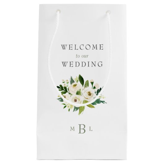 White Floral Monogram Elegant White Wedding Klein Cadeauzakje (Voorkant)