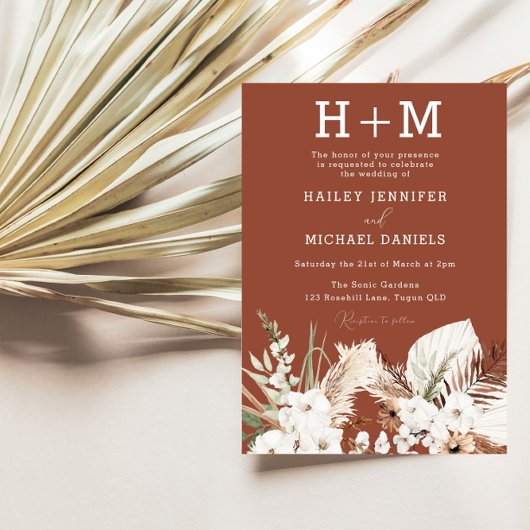 White Floral Monogram Terracotta Boho Wedding Kaart