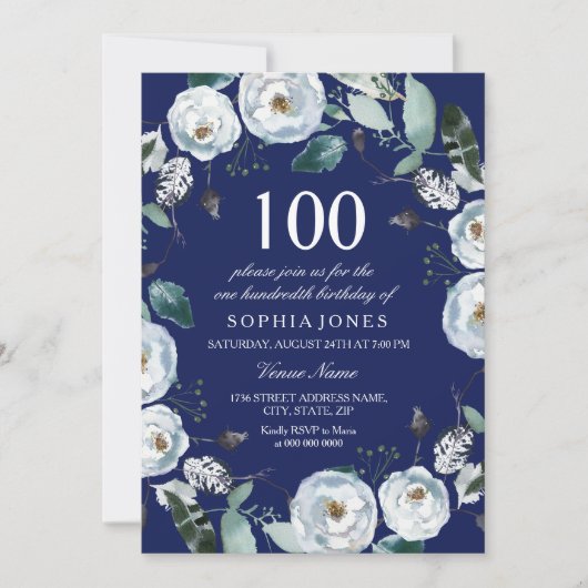 White Floral Navy Blue 100th Birthday Invitation Kaart (Voorkant)