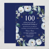 White Floral Navy Blue 100th Birthday Invitation Kaart (Voorkant / Achterkant)