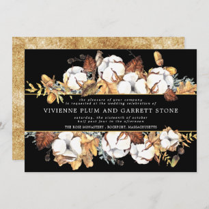 White Floral on Black and Gold Fall Wedding Kaart